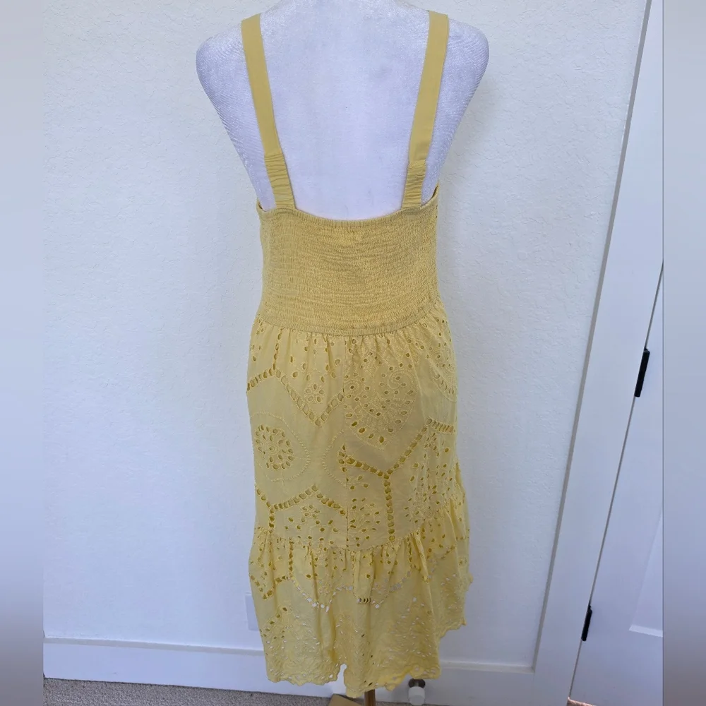 Japna Yellow Eyelet Sundress Cottagecore Boho Midi Dress Cotton Smocked Back M - Picture 4 of 6